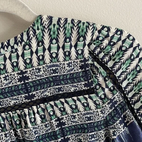 Lucky Brand Wmn SZ XS Blue/Green/White Boho Tunic Style Tie Neckline Short Dress - Picture 10 of 11